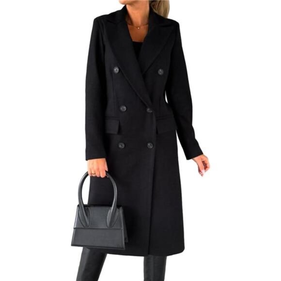 Womens Long Wool Coat Double Breasted Trench Coat Black - Picture 1 of 3